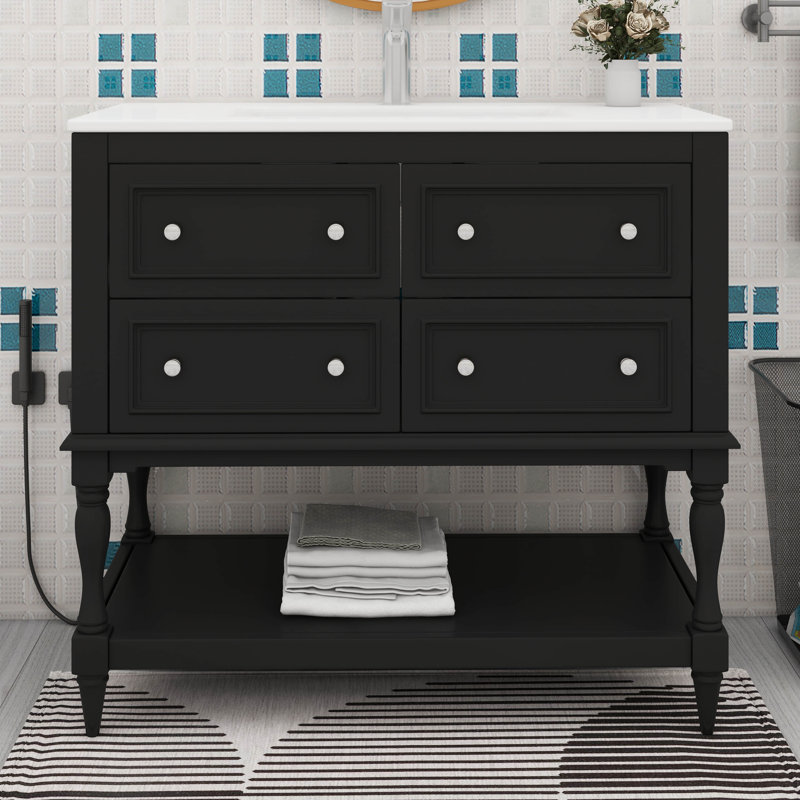 Meuble-lavabo 36 po avec lavabo en céramique lisse et 4 tiroirs, Noir
