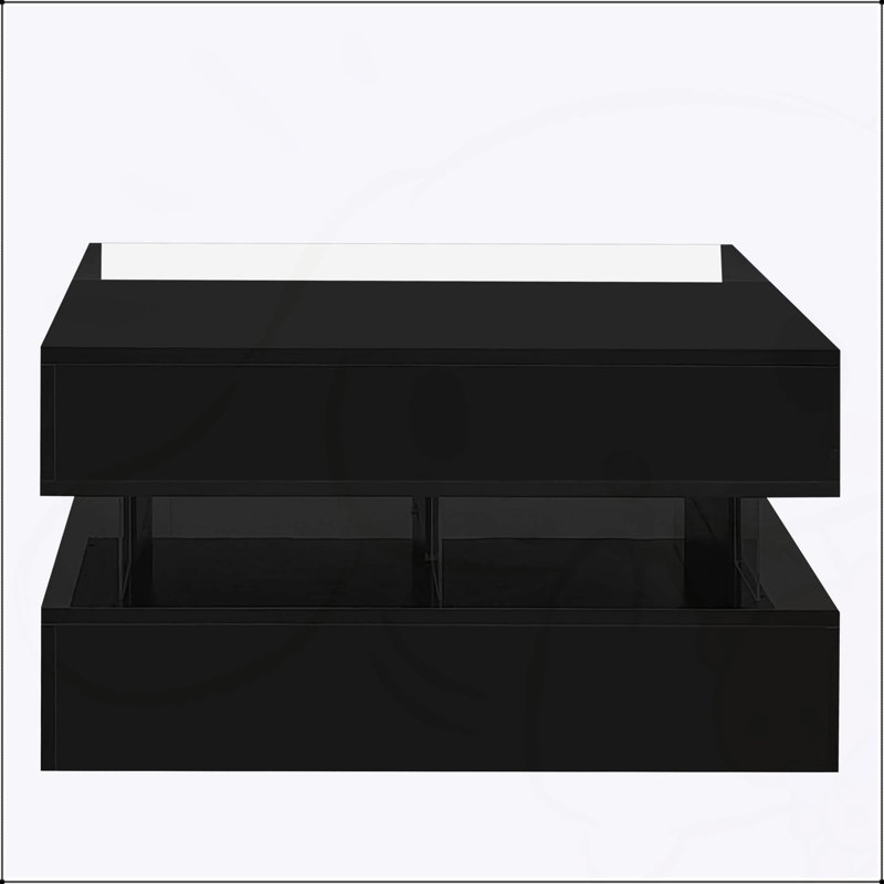 Table basse à plateau relevable avec 2 tiroirs, conception carrée, plateau en verre, finition brillante, rangement dissimulé et lumières DEL