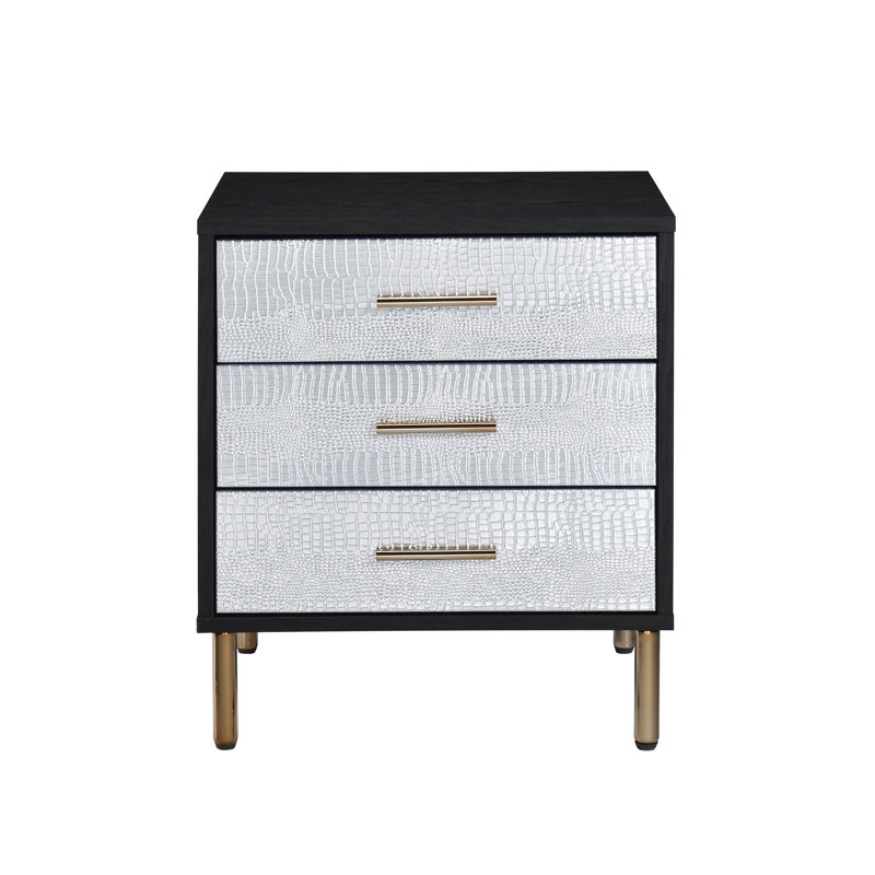 Table de chevet de style moderne avec 3 tiroirs en façade noire, argentée et dorée