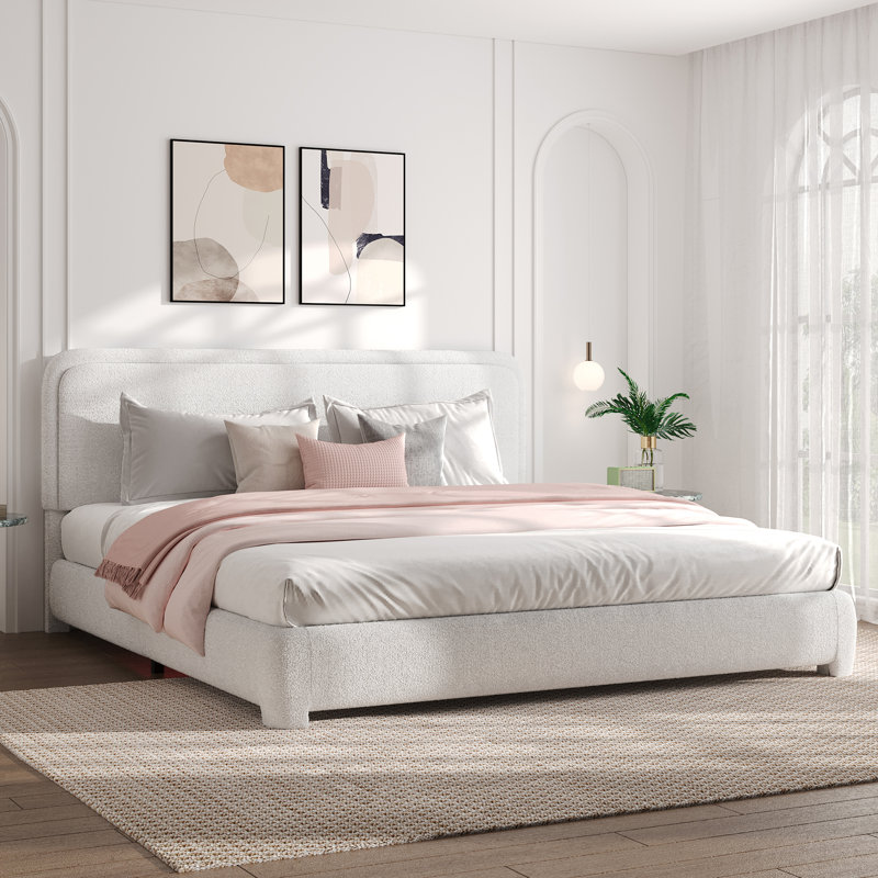 Bensu Boucle Upholstered Platform Bed, King, White