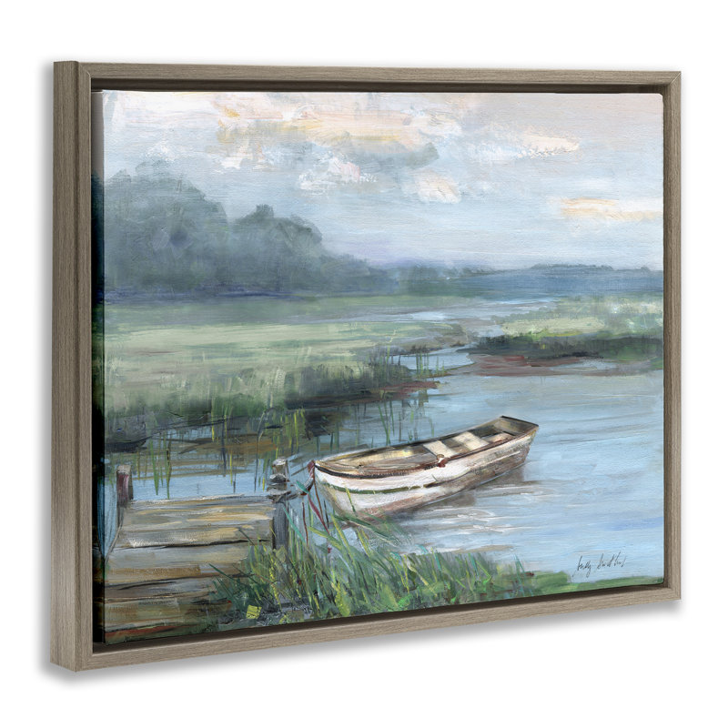 Barque amarrée au bord du lac, H 25 po x l 31 po, Cadre flottant orme Montalcino