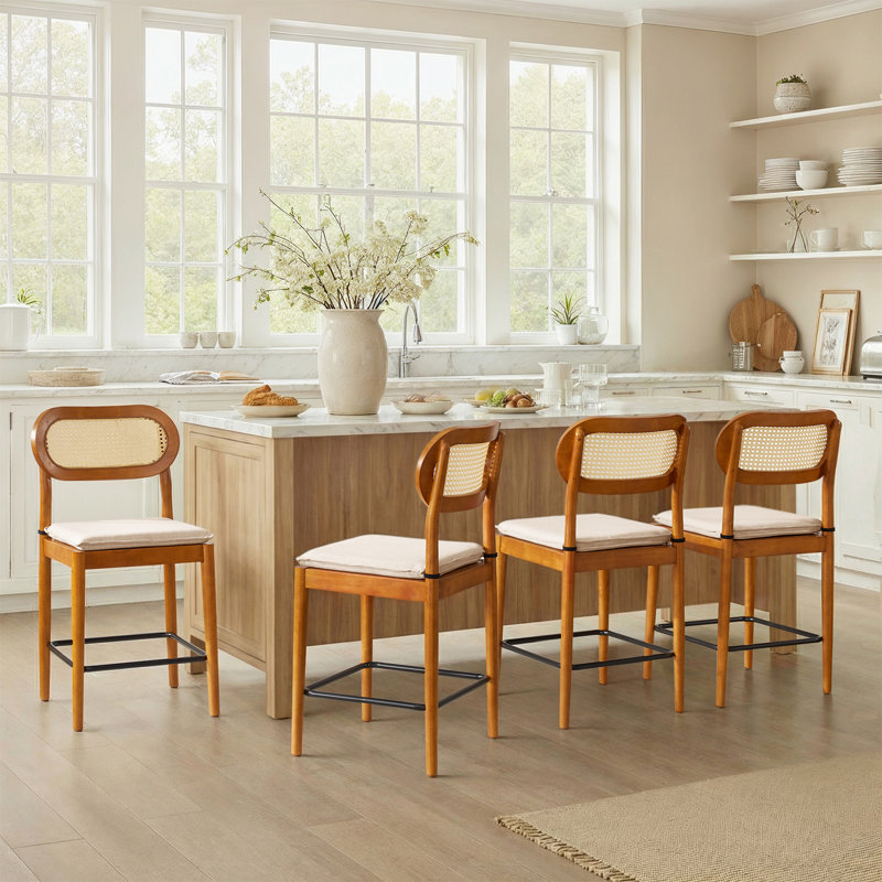 Jacindo Coastal Counter Stool with Rattan Backrest, Acorn