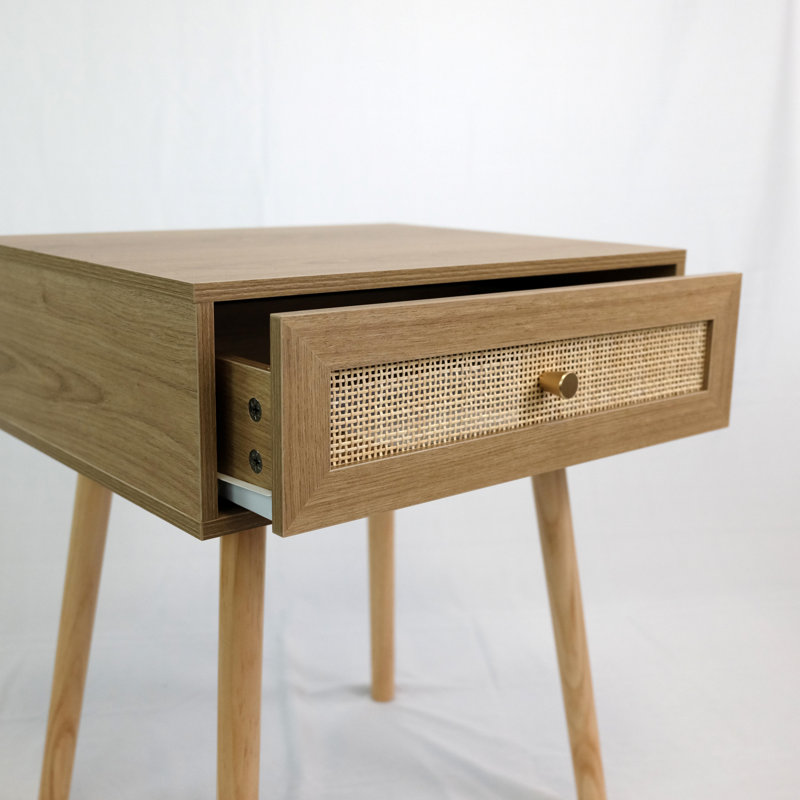 Table de bout en bois, table d'appoint, table de chevet avec tiroir en rotin naturel, finition chêne , Chêne