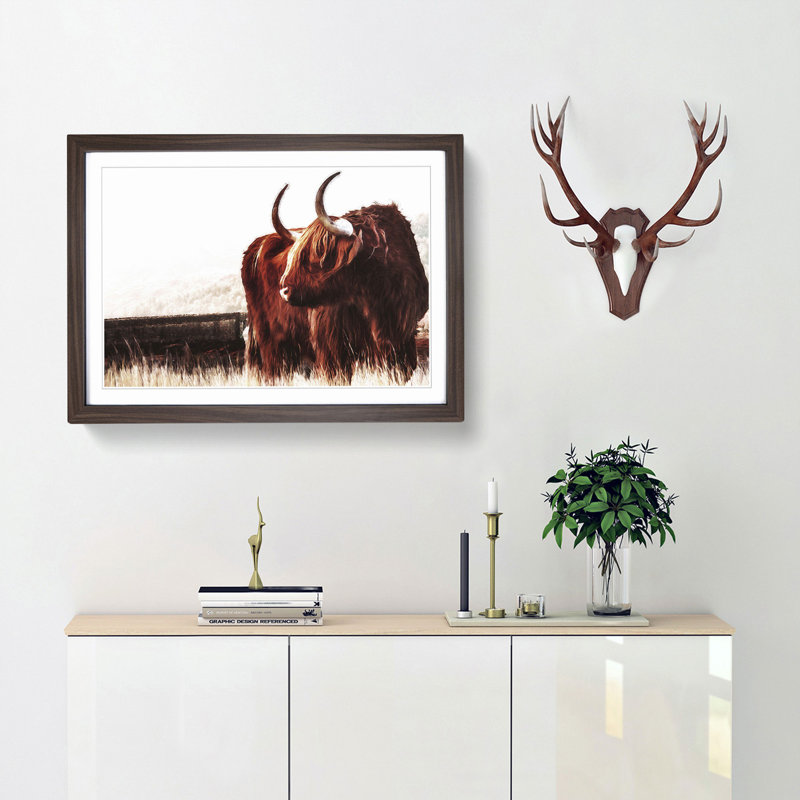 Highland Cow in Scotland in Abstract - Picture Frame Painting Print, 62cm H x 87cm W x 2cm D, Walnut Framed