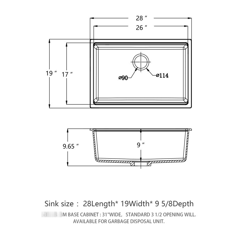 Évier de cuisine 28 pouces par 19 comptoir en quartz noir, matériau haut de gamme, surface lisse, élimine les vibrations, avec grille de séchage et grille inférieure noire, composite de 28 po x 19 po