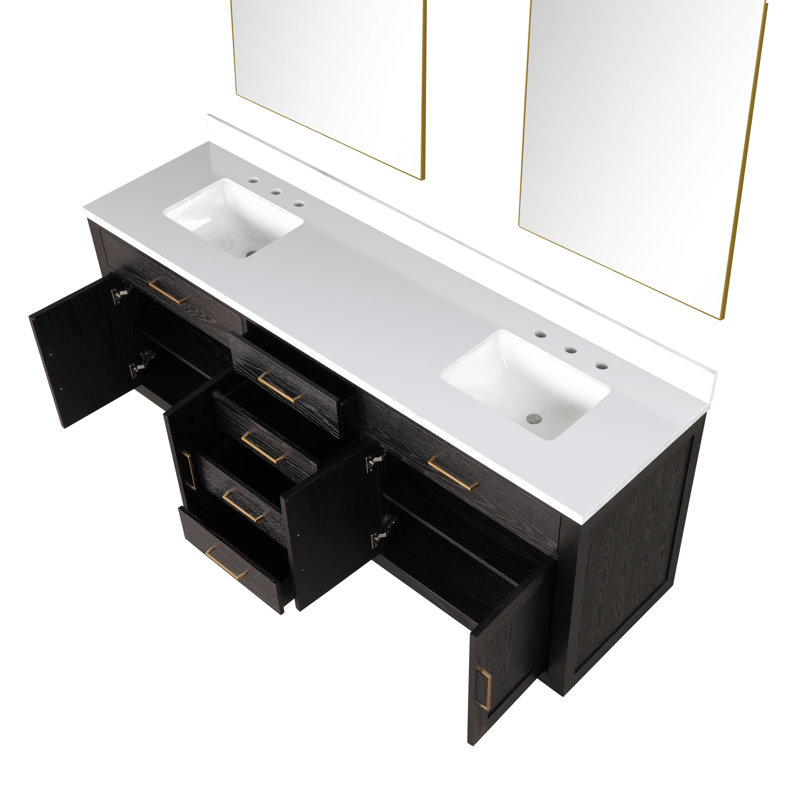 Ensemble de meuble-lavabo double 80 "avec miroir, Chêne brun, Quartz blanc