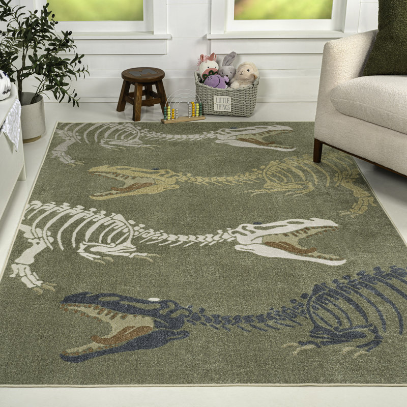 Kingdarr T-Rex Modern Kids Machine-Washable Rug, Rectangle 5'3" x 7'7", Green/Multi