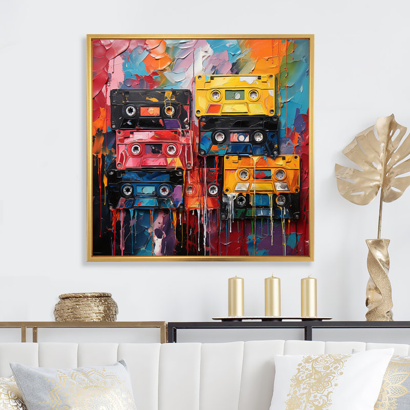 Cassette Tapes Tangled Tunes IV - Music Wall Art Prints, Cadre flottant doré, H 36 po x l 36 po x P 1,5 po
