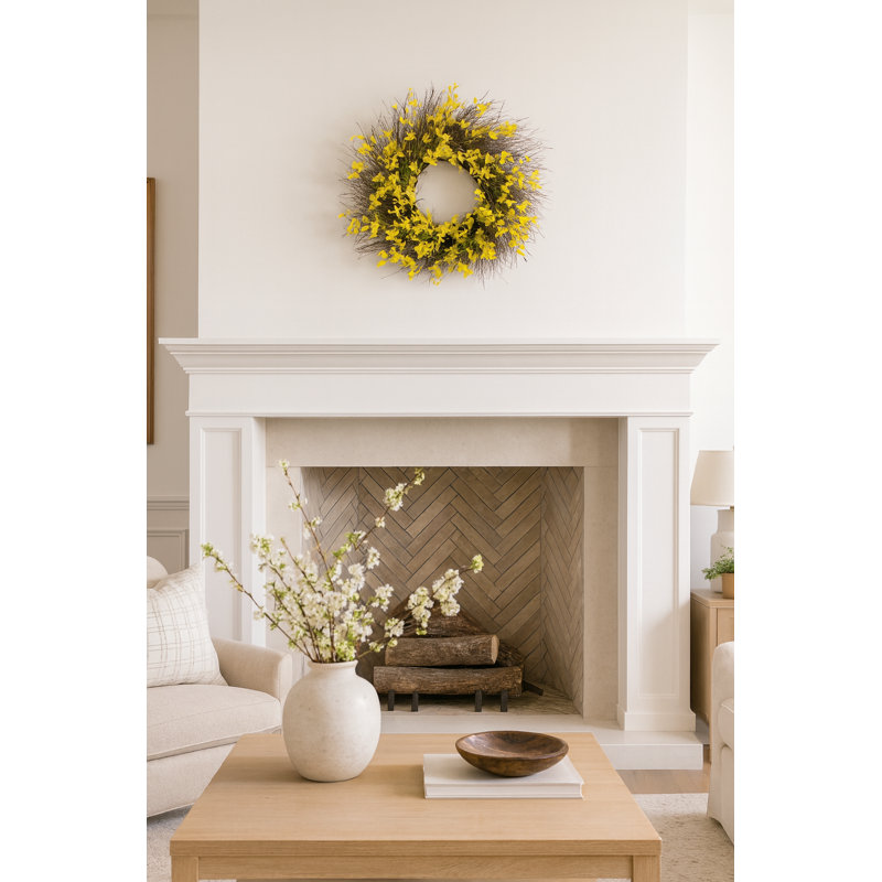 Faux Silk Spring Forsythia Wreath, 15'' H x 15'' W x 4'' D