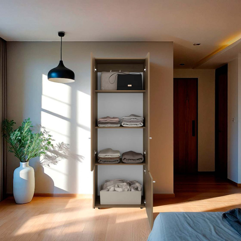 Armoire-penderie 3 portes en chêne naturel avec 4 tablettes, Naturel