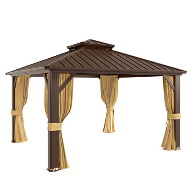12 Ft. W x 10 Ft. D  Outdoor Hardtop Gazebo with Aluminum Frame & Double Galvanized Steel Roof, Heavy Duty Permanent Pavilion with Netting & Curtains for Patio, Lawn, Deck