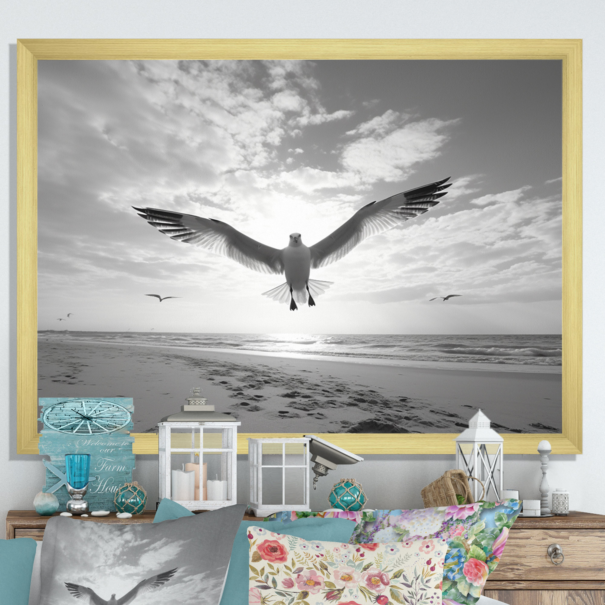 Rosecliff Heights Grey Beach Seagulls In Flight II - Animals Wall Art ...