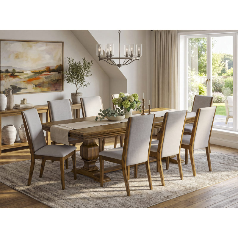 L'ensemble de 9 pièces comprend une table de cuisine rectangulaire et 8 chaises de salle à manger en tissu de lin gris, finition noyer antique