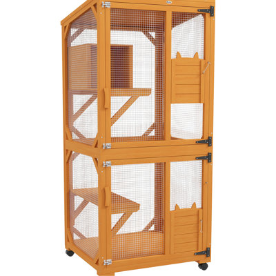 71" Wooden With High-Up Enticement Box, Large Cat House, Asphalt Roof, Indoor & Outdoor, Orange Construction, For 1-3 Cats,