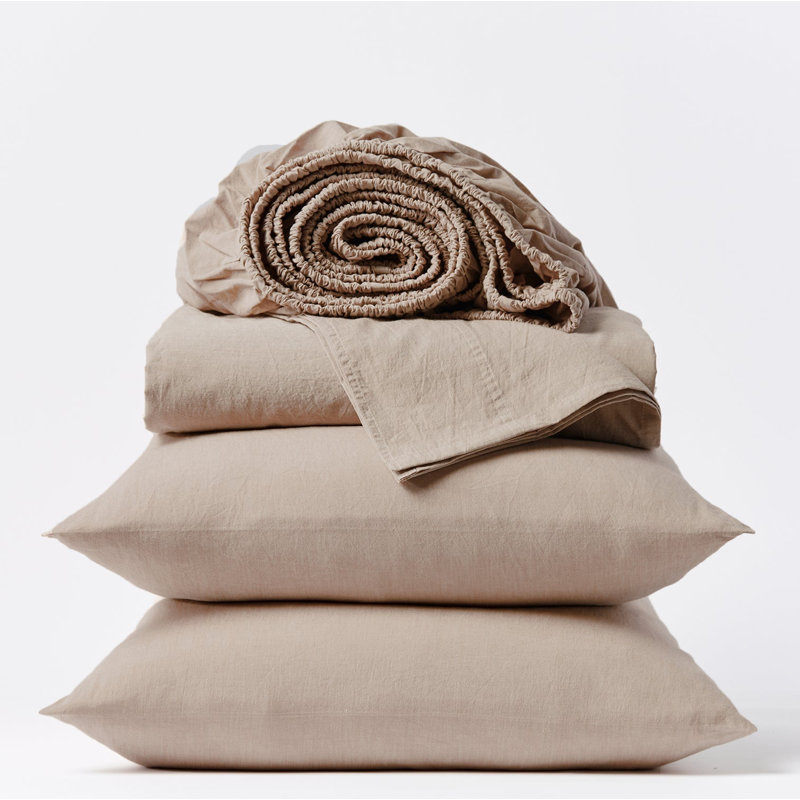 Organic Crinkled Percale 100% Cotton Percale Sheet Set, Full Sheet Set with 2 Pillowcases, Hazel Chambray