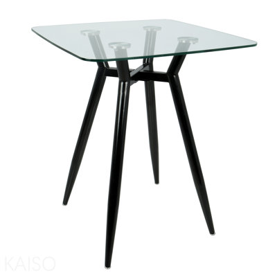 Table de comptoir carrée Mid-Century moderne avec pieds en métal noir et plateau en verre transparent