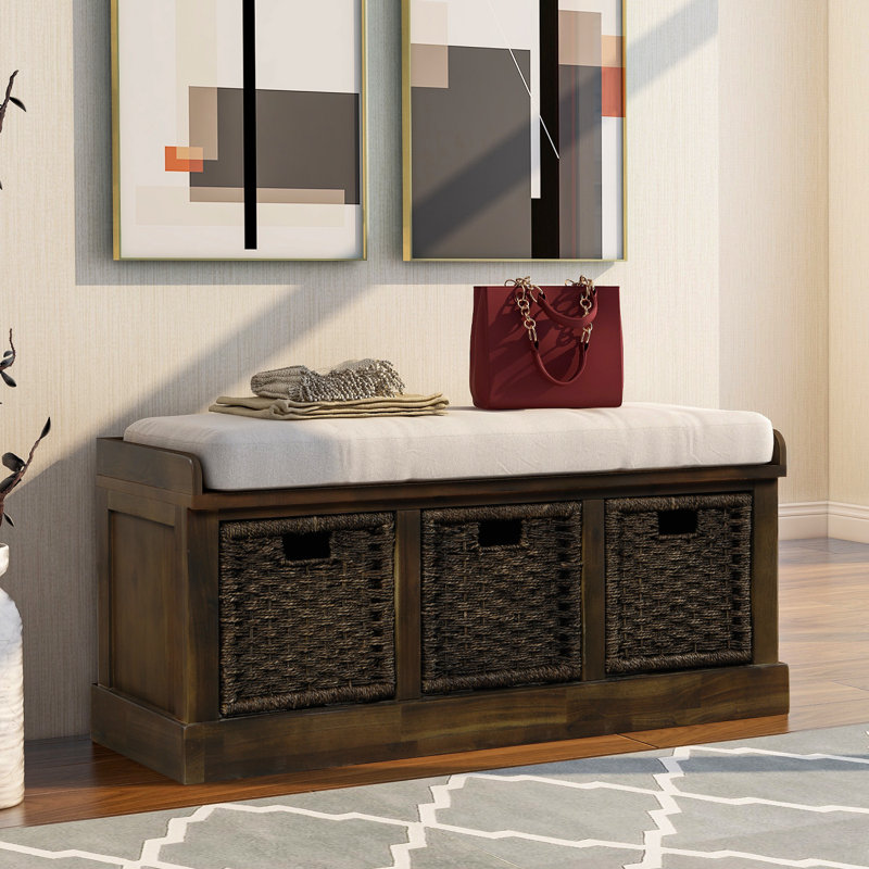 Rustic Storage Bench With 3 Removable Classic Rattan Basket , Entryway Bench Storage Bench With Removable Cushion (White)