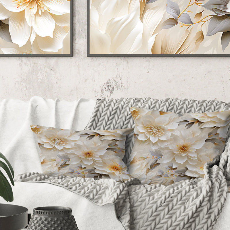 Motif bohème blanc à motif de fleurs de chrysanthème - imprimé floral, H 16 po x l 16 po