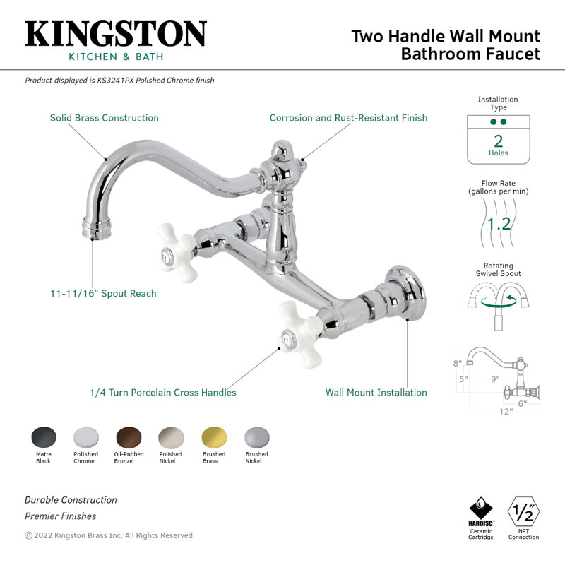 Kingston Brass Vintage Two-Handle 2-Hole Wall Mount Bathroom Faucet, Cross Handle, Brushed Brass