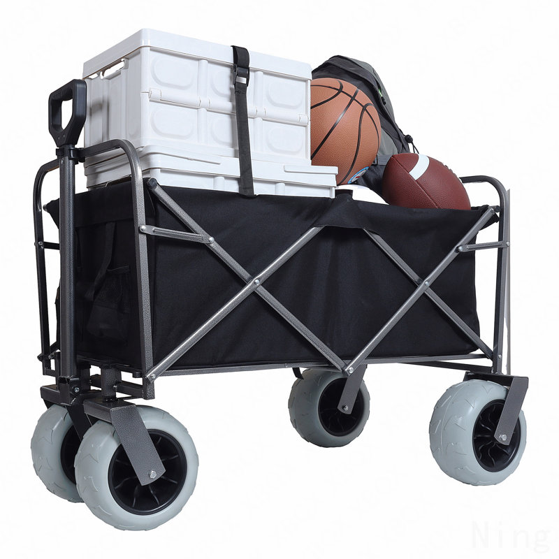 Chariot de plage avec de grandes roues pour le sable Capacité de 500 lb - Chariot tout terrain à structure en acier avec pneus pneumatiques de 9 po, conception pliable pliable, sangle avec sac multiusage, noir