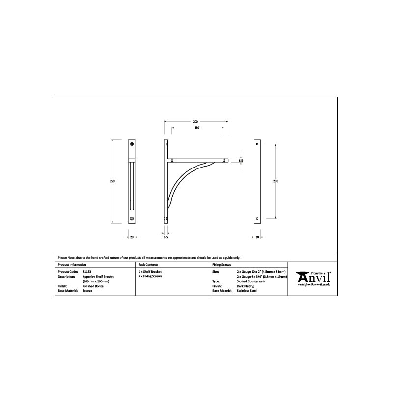 Apperley Shelf Bracket, Polished Bronze, 26cm H x 7.9cm W x 2cm D