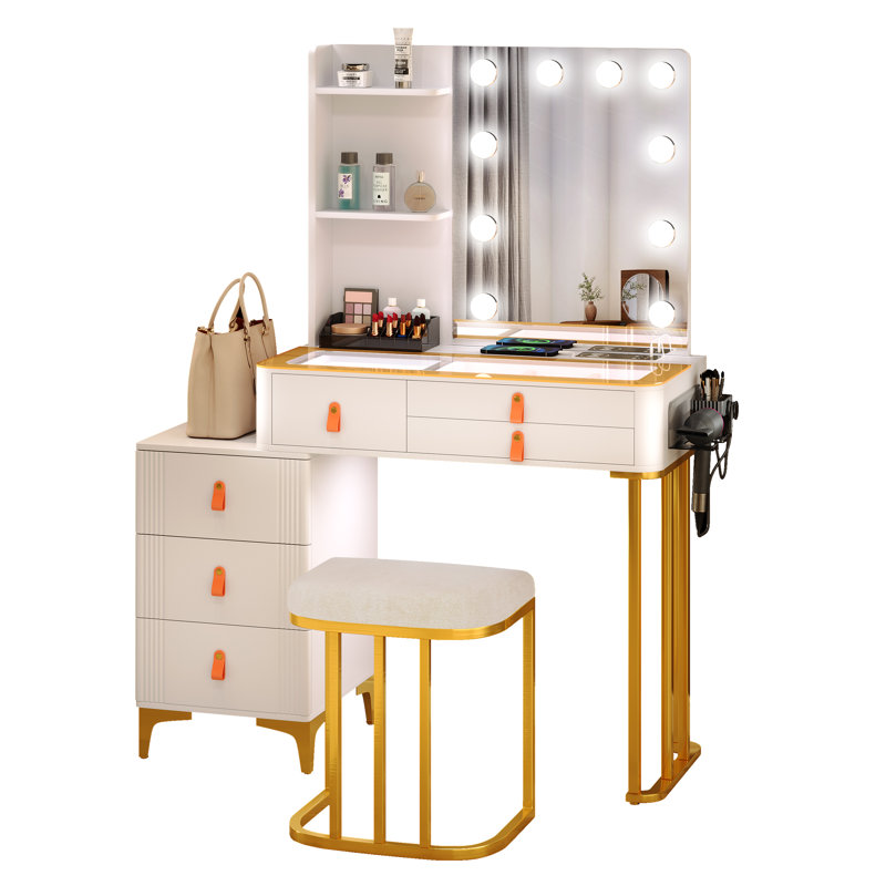 Dressing Table with Mirror, White/Gold
