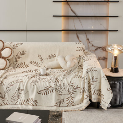 Beige Botanical Print Couch Cover Soft Chenille Throw Blanket For Sofa Anti-slip Washable Sofa Slipcover With Tassels All-season Furniture Protector For Living Room