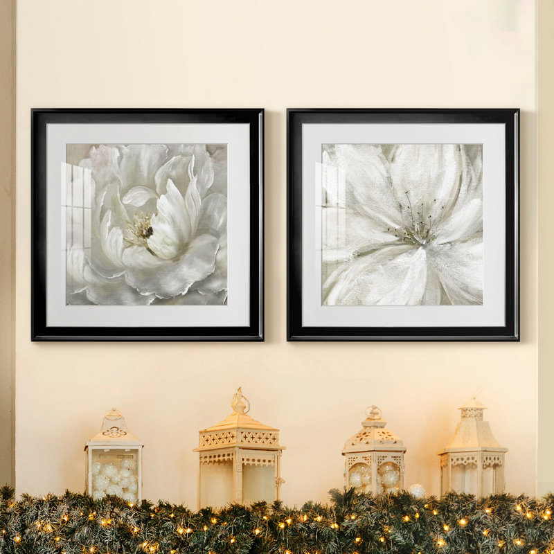 Pivoine parfaite - ensemble de 2 cadres photo sur papier, H 17,5 po x l 35 po x P 1,5 po, Papier encadré noir, Blanc