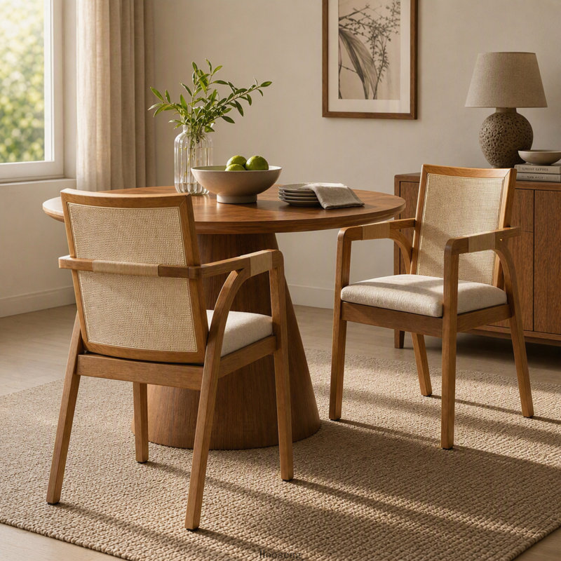 Ensemble de 2 chaises de salle à manger en bois d'hévéa avec dossier en textilène, accoudoirs en rotin PE et coussin rembourré