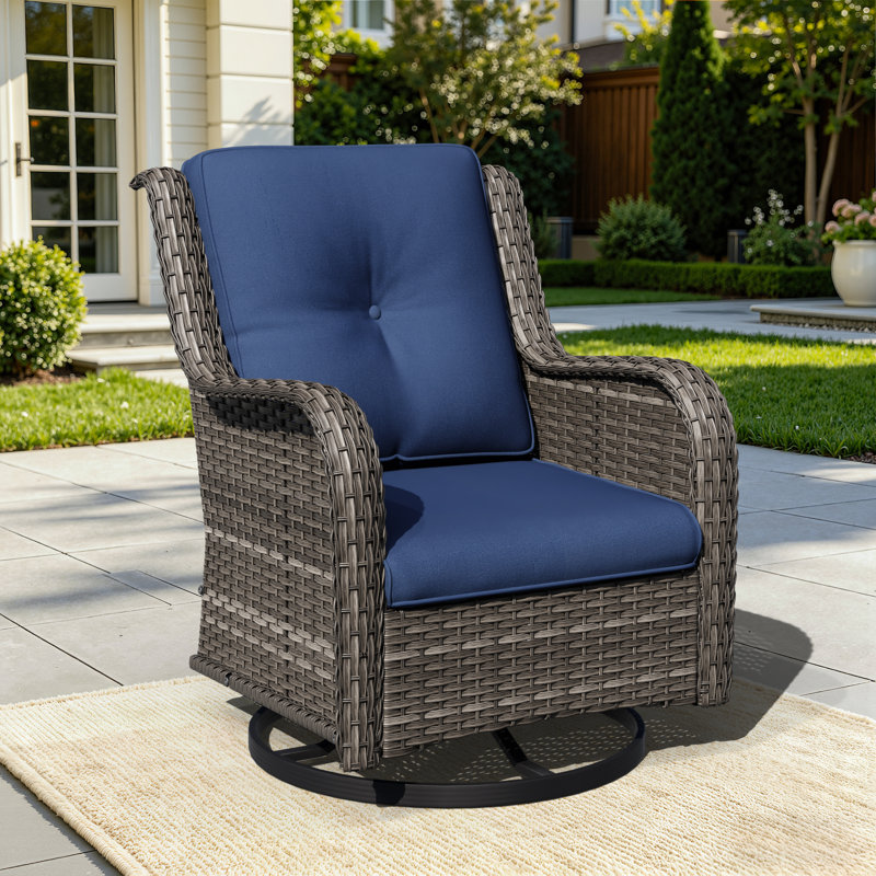 Pompidou Outdoor Rattan Swivel Chair with Cushions, Blue