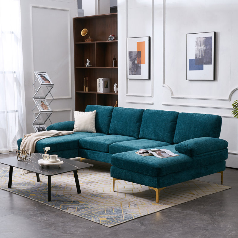 Canapé modulaire d'intérieur en U à 4 sièges Trego, Chenille bleu-vert