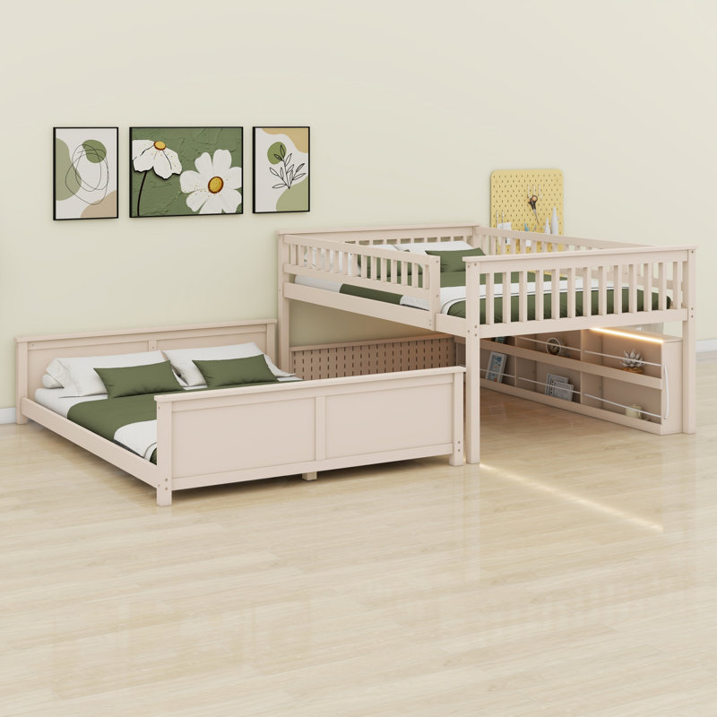 Lit superposé peu encombrant avec lumières à changement de couleur, tablettes intégrées et panneau perforé, Beige