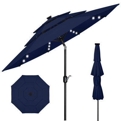 10FT 3-Tier Solar Patio Umbrella,32 LED Lights Patio Table Umbrellas With Tilt And Crank,8 Sturdy Ribs For Market, Beach, Pool, Garden, Deck, Backyard