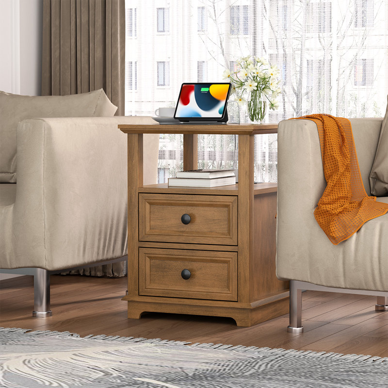Bijal 24'' tall Tray Top Frame 2 - Drawer End Table and Built-In Outlets, Chestnut Brown