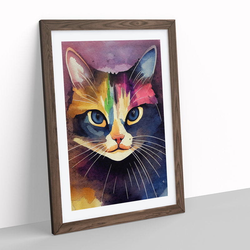 Cat Watercolour No.1 - Wall Art, 66cm H x 48cm W x 2cm D, Walnut Framed, White