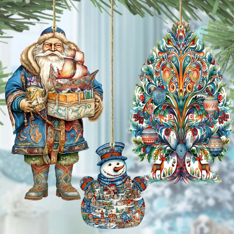 3 Piece German-Inspired Santa Wooden Ornaments