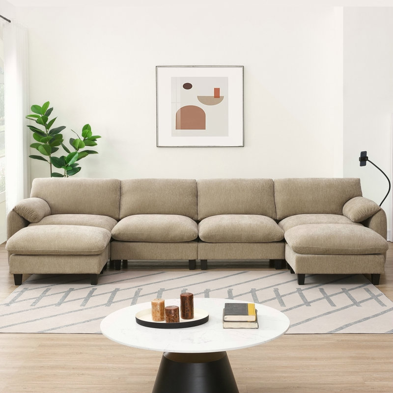 Canapé modulaire en forme de U de 140 pouces avec siège extra large, charge USB / Type-C, support pour téléphone et poches latérales, repose-pieds à mouvement libre, chenille rayée