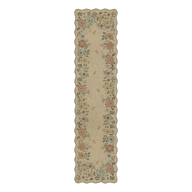 Botanical Floral Faux Linen Machine Washable Area Rug With Non-Slip Backing And Scalloped Edge, Runner 2' x 8'