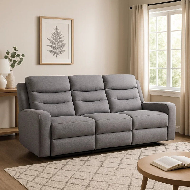 Clair Manual Recliner Sofa, Scroll Arms, 87 Inch, Solid Wood, Gray Fabric