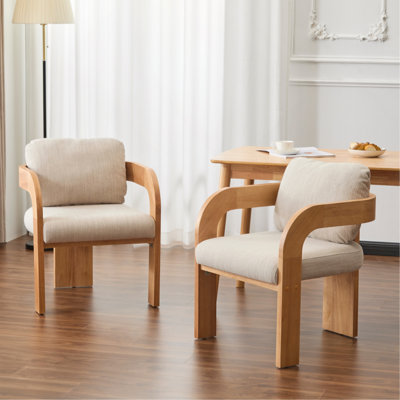 Ensemble de 2 chaises de salle à manger avec dossier coussiné, tissu beige, structure en bois massif