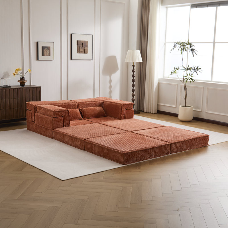 Canapé à compression, canapé convertible au sol, canapé modulaire désossé bricolage, aucun assemblage requis, tissu polaire circulaire, surdimensionné 2 places avec 1 repose-pieds, orange