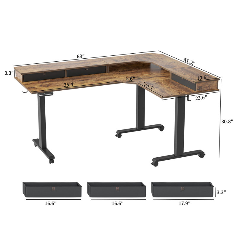 Ilean Adjustable L-Shaped Standing Desk, Rustic Brown