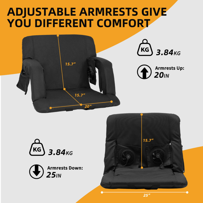 Foldable Stadium Seat with 2-Fans and Back Support, 5-Cooling Speed, Battery NOT Included, 25