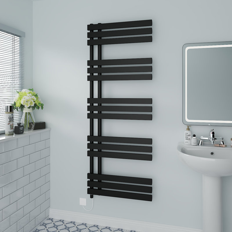 Rhyane Designer Towel Rail Heated Towel Rails, 160cm H x 60cm W x 7.35cm D, Black