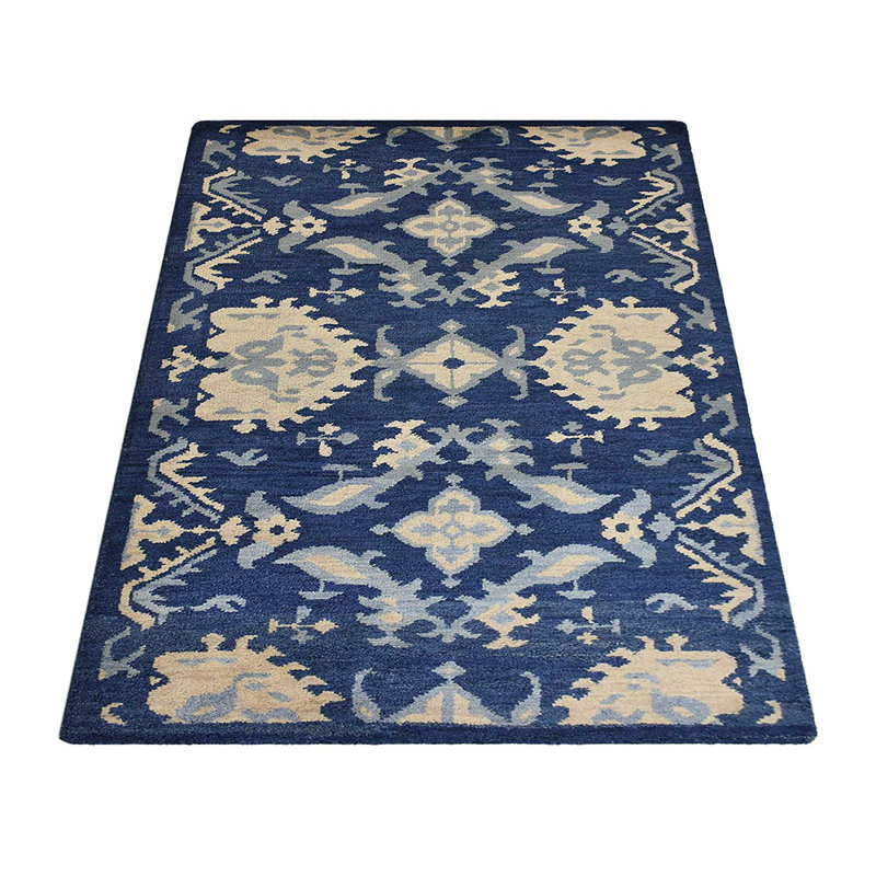 Blue Wool Handmade Floral Hand Knotted Rectangle Indoor Area Rug, Rectangle 6' x 9'