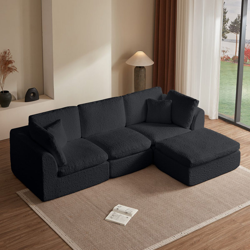 Canapé modulaire 110 po pour le salon, canapé convertible en L avec repose-pieds, canapé modulaire 3 places, Chenille noir