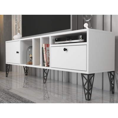 Modern TV Stand with Metal Legs, White Chipboard, 63.0 x 21.7 x 11.8 inches | 100% Durable Chipboard, Thickness: 0.7 inches | Features Multiple Shelves & Wall-Mount Capability, Perfect for Stylish Living Rooms