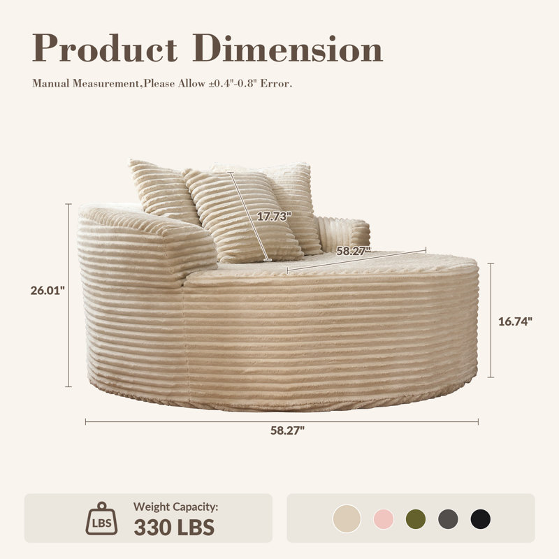 Chaise longue ronde surdimensionnée de 148 cm de large avec coussins, aucun assemblage requis, Velours côtelé beige