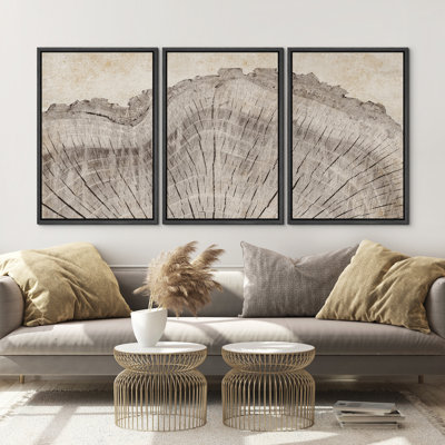 Tree Ring "Rustic Oak Wood Stump Artwork, Farmhouse Cabin Decor Neutral Wall Pictures, 3 Pieces Framed Canvas Digital Giclee Print Wall Art"