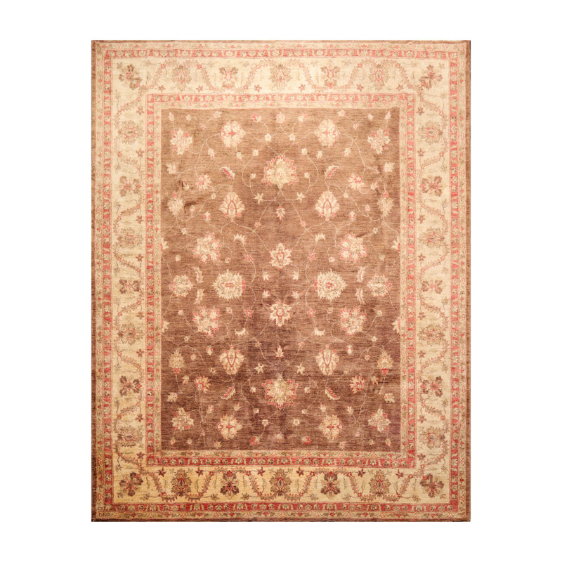 Tapis brun en laine noué à la main de conception unique 7 pi 11 po x 9 pi 5 po Kali-Anne